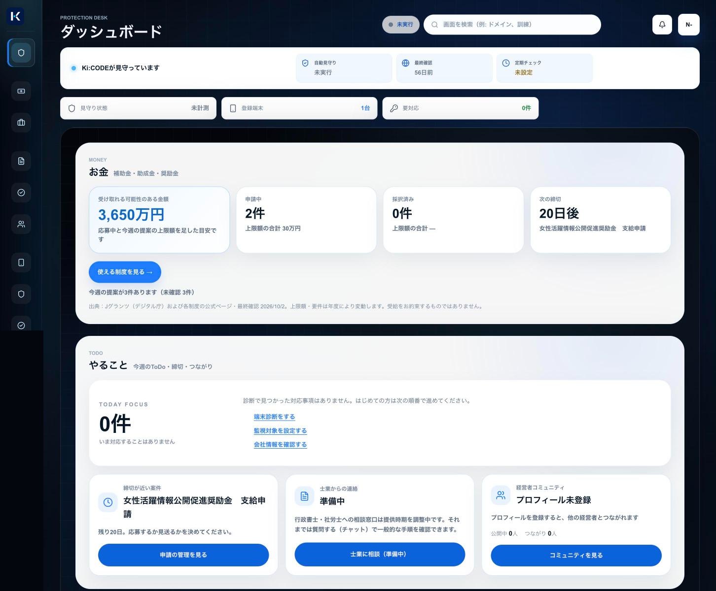 Ki:CODEのダッシュボード。お金（補助金・助成金・奨励金）とやること（今週のToDo）が並ぶ