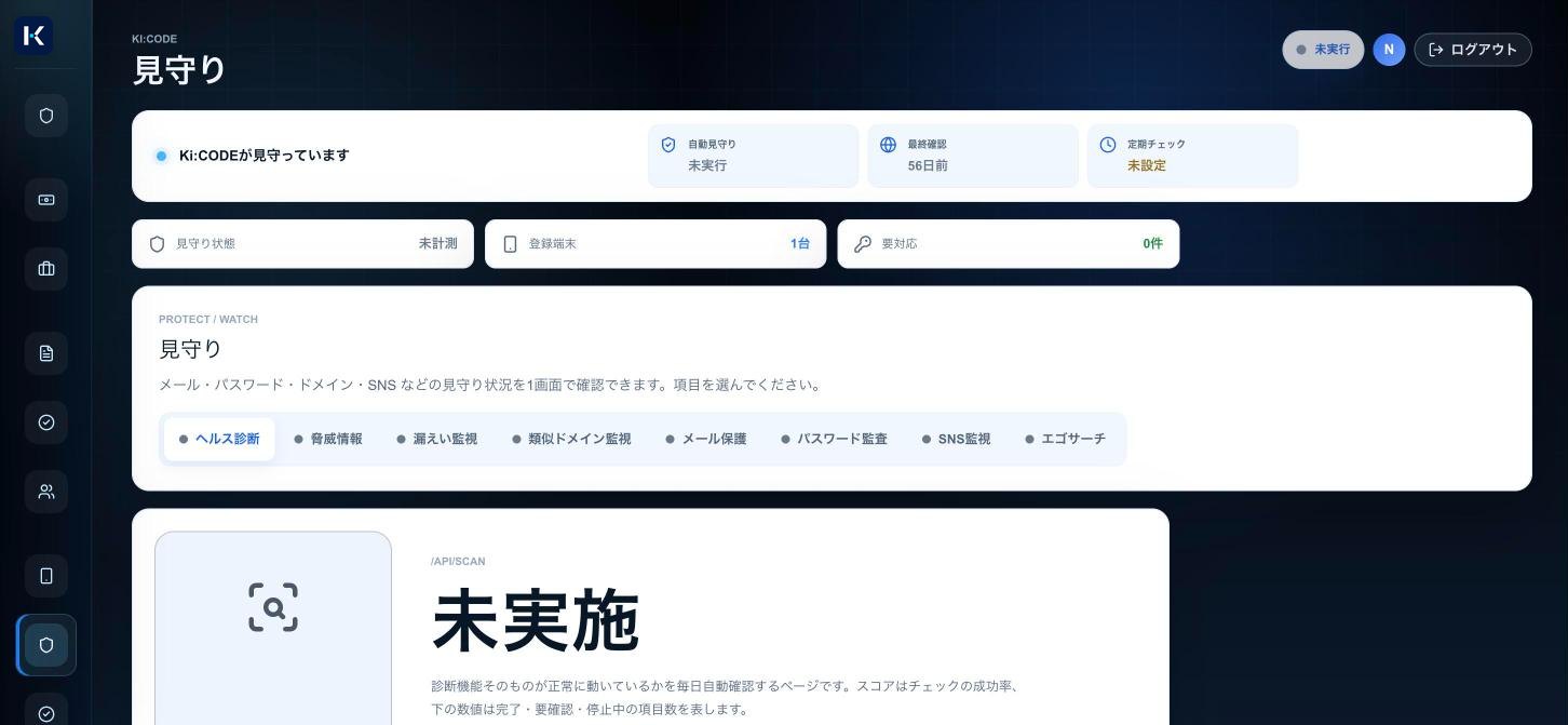 見守り。ヘルス診断・脅威情報・漏えい監視・類似ドメイン監視・メール保護・パスワード監査・SNS監視・エゴサーチの8項目のタブ